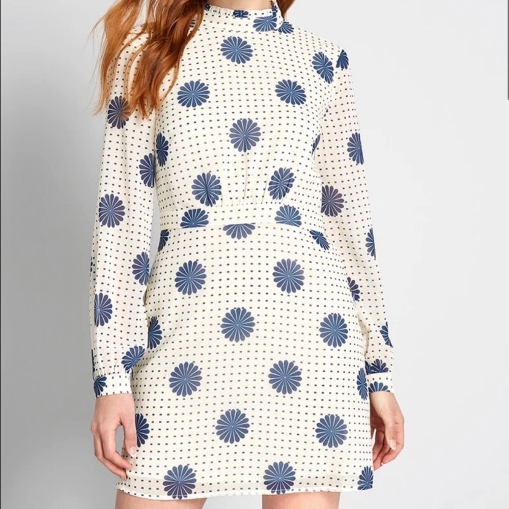 Modcloth Ivory Navy Floral Polka Dot Open Back Long Sleeve Mini Dress Sz 4 NEW